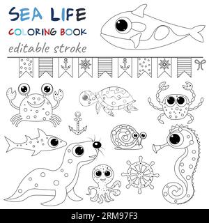 Sea animals and sea flags. Original coloring pages of the underwater world. Black and white graphics for creativity of children and adults. Stock Vector