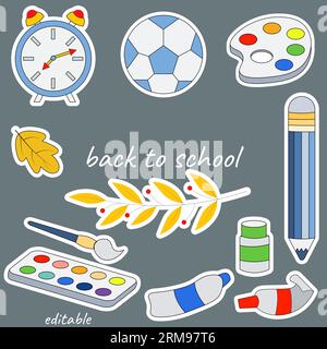 Back to school. Set of school stickers with paints, ball, alarm clock and leaves. Social network stickers.Vector illustrations for online communicatio Stock Vector