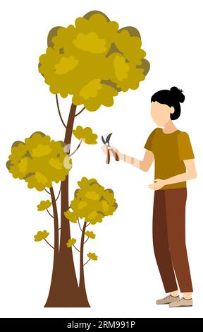 Garden workers. Woman works in the garden, cuts plants. Mowing, pruning shrubs, trees and hedges. Flat style vector. Stock Vector