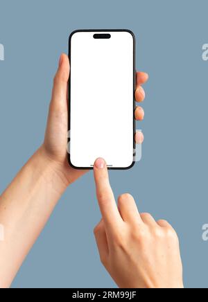 Finger clicking tapping on mobile phone screen mockup, smartphone mock up. Stock Photo