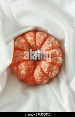 Small pumpkin nestled in a white sheet Stock Photo