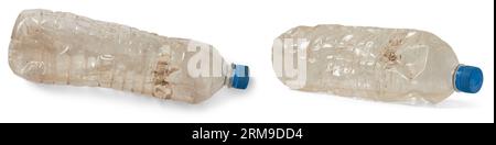 waste plastic water bottles isolated on white background, squeezed old dirty and unwanted transparent containers, discarded or thrown contributing Stock Photo