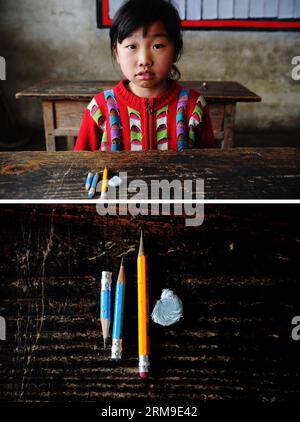 (140520) -- CHONGQING, May 20, 2014 (Xinhua) -- This photo combination shows second-grade student Ren Ai (above) and her set of stationery (below) at Baimiao Elementary School in Sanquan Town of Nanchuan District, southwest China s Chongqing Municipality, May 20, 2014. Most of the 45 students enrolled in Baimiao Elementary School are left-behind children from nearby rural areas whose parents make a living as migrant workers in cities. For years, the students here have been faced with insufficient educational supplies, notably stationery. (Xinhua/Li Jian) (lmm) CHINA-CHONGQING-RURAL AREA-LEFT-B Stock Photo