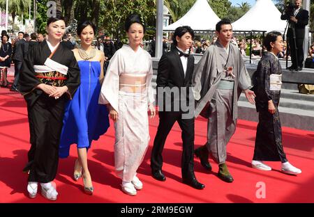 (140520) -- CANNES, May 20, 2014 (Xinhua) -- Japanese actress Miyuki Matsuda, Japanese actress Jun Yoshinaga, Japanese director Naomi Kawase, Japanese actor Nijiro Murakami, Japanese actor Jun Murakami and Japanese actress Makiko Watanabe (from L to R) arrive for the screening of Futatsume No Mado (Still The Water) during the 67th annual Cannes Film Festival, in Cannes, France, 20 May 2014. The movie is presented in the Official Competition of the festival which runs from 14 to 25 May. (Xinhua/Ye Pingfan) FRANCE-CANNES-FILM FESTIVAL-FUTATSUME NO MADO-RED CARPET PUBLICATIONxNOTxINxCHN   Cannes Stock Photo