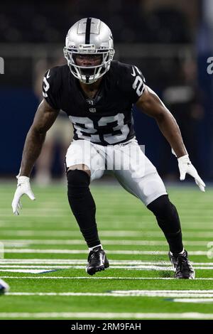 Las Vegas Raiders cornerback Duke Shelley (23) is seen during warm ups  before an NFL preseason football game against the Dallas Cowboys, Saturday,  Aug. 26, 2023, in Arlington, Texas. Dallas won 31-16. (