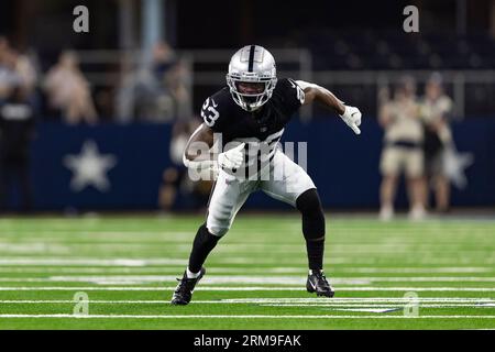 Las Vegas Raiders cornerback Duke Shelley (23) is seen during warm ups  before an NFL preseason football game against the Dallas Cowboys, Saturday,  Aug. 26, 2023, in Arlington, Texas. Dallas won 31-16. (