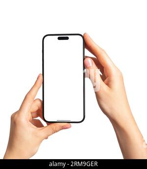 Iphone screen mock up, mobile phone, smartphone mockup in hand isolated on white background. Stock Photo