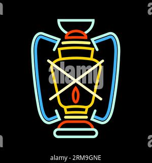 Glowing neon line Camping lantern icon isolated on brick wall background. Colorful outline concept. Vector Stock Vector