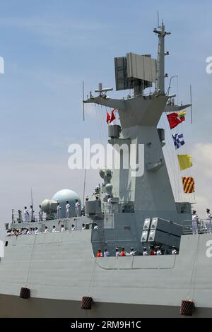 (140523) -- YANGON, May 23, 2014 (Xinhua) -- Chinese Navy soldiers stand to attention on the deck of a Chinese naval vessel at Thilawa Port in Yangon, Myanmar, May 23, 2014. Two Chinese naval ships, Zheng He training vessel and Wei Fang defense vessel, called at the Myanmar International Terminals Thilawa (MITT) in Yangon Friday morning for their second leg of Asian voyage. (Xinhua/U Aung)(zhf) MYANMAR-YANGON-CHINESE NAVY-VISIT PUBLICATIONxNOTxINxCHN   Yangon May 23 2014 XINHUA Chinese Navy Soldiers stand to Attention ON The Deck of a Chinese Naval Vessel AT  Port in Yangon Myanmar May 23 2014 Stock Photo