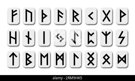 Runes. Complete collection of runic letters, which were used in Germanic languages. Ancient magic signs of Nordic culture. Scandinavian futhark, Anglo Stock Vector