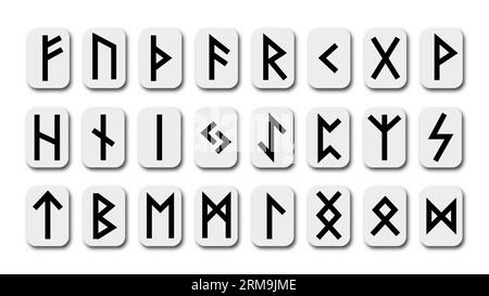 Runes. Complete collection of runic letters, which were used in Germanic languages. Ancient magic signs of Nordic culture. Scandinavian futhark, Anglo Stock Vector