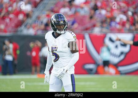 Baltimore Ravens cornerback Jalyn Armour-Davis (5) walks off the field  after an NFL football game against the New York Jets, Sunday, Sep.11, 2022,  in East Rutherford, N.J.. (AP Photo/Rich Schultz Stock Photo 