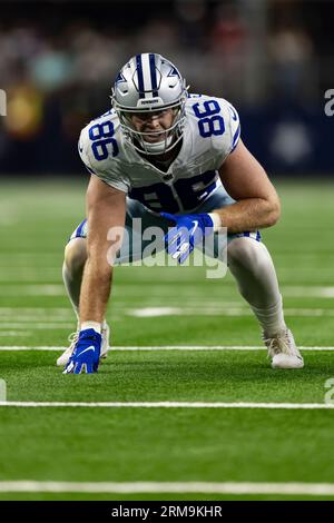 Arlington, United States. 26th Aug, 2023. Dallas Cowboys tight end Luke  Schoonmaker (86) celebrates a touchdown with another tight end Sean McKeon  (84) during a NFL preseason season game between the Las