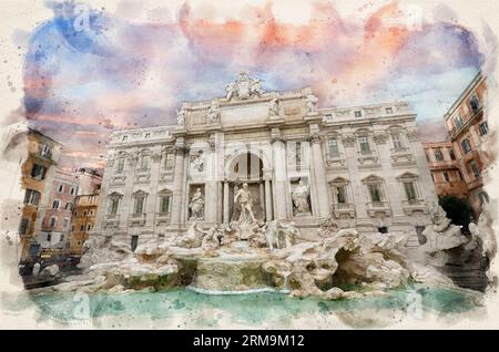 The Trevi Fountain (Fontana di Trevi) in Rome, Italy in Watercolor style illustration Stock Photo