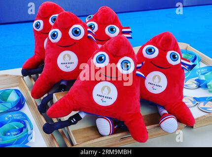 The  Paralympic Phryges plush toy  mascots for the Paris 2024 Olympic games on a tray before a medal presentation Stock Photo