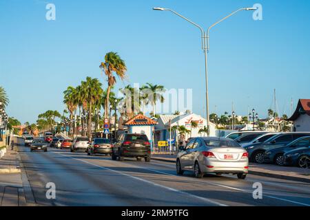 Oranjestad, Aruba - August 10, 2023:  Street scene in the downtown tourist district in Oranjestad, Aruba. Stock Photo