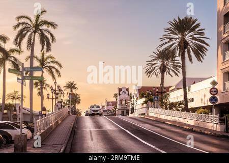 Oranjestad, Aruba - August 10, 2023:  Street scene in the downtown tourist district in Oranjestad, Aruba. Stock Photo