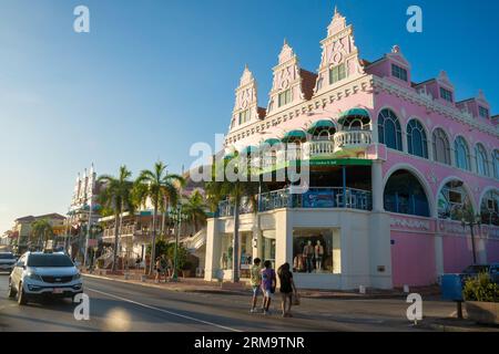 Oranjestad, Aruba - August 10, 2023:  Street scene in the downtown tourist district in Oranjestad, Aruba. Stock Photo