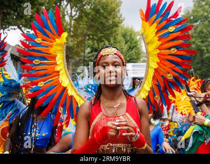 London, UK 27 Aug 2023Families and Children's day at the Notting Hill Carnival. The Carnival is an annual Caribbean event that has taken place in London since 1966. It is a celebration of Afro Caribbean and Indo-Caribbean culture. It is the biggest Carnival in Europe. Credit: Mark Thomas/Alamy Live News Stock Photo