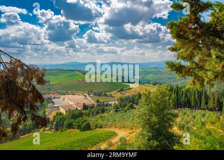 Castello di Brolio. View from the castle over the Vineyards  in Gaiole in Chianti. Chianti Valley, Siena, Tuscany, Italy Stock Photo