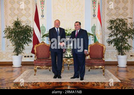 (140610) -- DUSHANBE, June 10, 2014 (Xinhua) -- Tajik President Emomali Rahmon (R) meets with visiting Latvian President Andris Berzins in Dushanbe, capital of Tajikistan, June 10, 2014. (Xinhua/Marksut Mukhudinzhonov) TAJIKISTAN-DUSHANBE-LATVIA-PRESIDENTS-MEETINGS PUBLICATIONxNOTxINxCHN   Dushanbe June 10 2014 XINHUA Tajik President Emomali Rahmon r Meets With Visiting Latvian President Andris Berzins in Dushanbe Capital of Tajikistan June 10 2014 XINHUA   Tajikistan Dushanbe Latvia Presidents Meetings PUBLICATIONxNOTxINxCHN Stock Photo