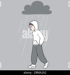 Depressed sad kid or teen walking under rain. Mental health and mood simple drawing, vector clip art illustration. Stock Vector