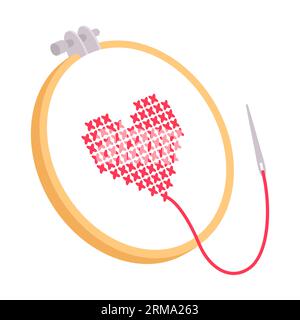 Embroidery hoop, thread and needle, DIY crafts drawing. Cross stitch red heart. Simple cartoon vector illustration. Stock Vector