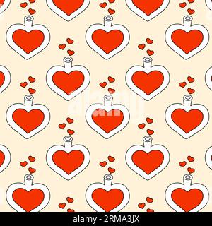 Poison bottle seamless pattern. Heart shaped vessel. Witchcraft. Vector flat illustration. Stock Vector