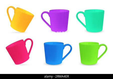 Colorful empty cups set isolated white, color drinking glasses, Stock Photo