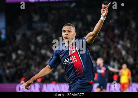 Paris, France. 26th Aug, 2023. Kylian Mbappe of PSG celebrates after scoring goal during the Ligue 1 Uber Eats match between Paris Saint-Germain and RC Lens played at Parc des Princes Stadium on August 26 in Paris, France. (Photo by Matthieu Mirville/Pressinphoto/Icon Sport) during the Ligue 1 Uber Eats match between Paris Saint-Germain and RC Lens played at Parc des Princes Stadium on August 26 in Paris, France. (Photo by Matthieu Mirville/PRESSINPHOTO) Credit: PRESSINPHOTO SPORTS AGENCY/Alamy Live News Stock Photo