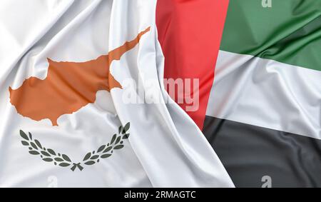 Ruffled Flags of Cyprus and United Arab Emirates. 3D Rendering Stock Photo