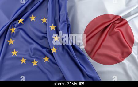 Ruffled Flags of European Union and Japan. 3D Rendering Stock Photo