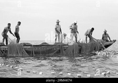 Fishermen in a sea-going dugout canoe off Winneba, Ghana. They have laid a seine net which they are now hauling in. Stock Photo