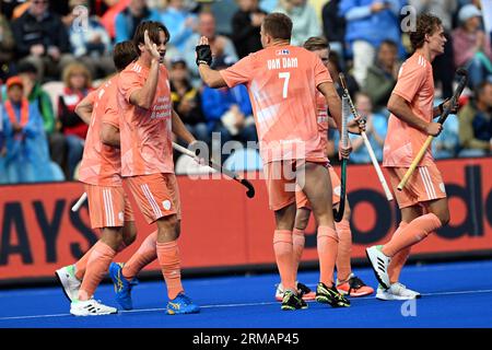 27 August 2023, North Rhine-Westphalia, Mönchengladbach: Field hockey, men: European Championship, Netherlands - England, final round, final. Duco Telgenkamp (l) and Thijs van Dam celebrate the goal for 2:0. Photo: Federico Gambarini/dpa Stock Photo