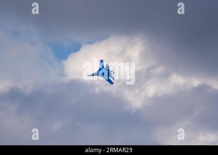 Ukrainian Air Force Sukhoi Su-27 Flanker fighter jet plane flying at the Royal International Air Tattoo RIAT airshow, RAF Fairford, UK. Highlighted Stock Photo