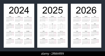 Calendar grid for 2024, 2025 and 2026 years. Simple