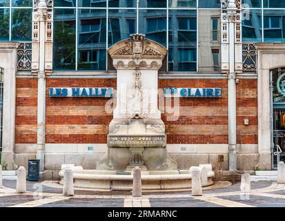 The fountain with stylized dolphin in front of Les Halle Sainte-Claire, 19th century historical market in Grenoble city center, France Stock Photo