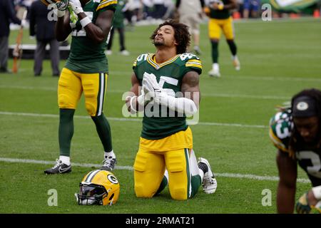 November 14, 2021: Green Bay Packers safety Adrian Amos (31) celebrates his  interception with inside linebacker De'Vondre Campbell (59), free safety  Darnell Savage (26), and cornerback Eric Stokes (21) during the NFL