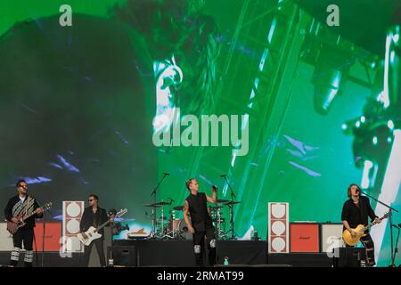 Leeds, UK. Sunday 27 August 2023  Dominic Craik, Conor Mason and Joe Langridge-Brown  of Nothing But Thieves performs at Leeds Festival 2023 in Bramham Park  © Jason Richardson / Alamy Live News Stock Photo