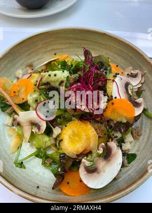 Fresh salad with various vegetables and seeds arranged on a plate. Stock Photo