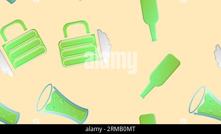 Endless seamless pattern of green beautiful glass beer bottles and glasses with alcoholic tasty tasty light beer foamy lager hop on a yellow backgroun Stock Vector