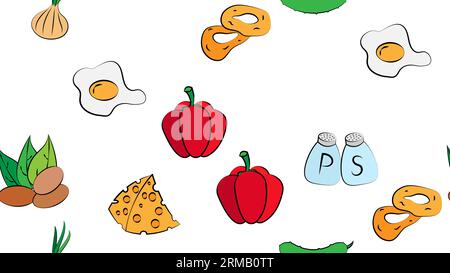 Endless white seamless pattern of delicious food and snack items icons set for restaurant bar cafe: eggs, nuts, pepper and salt, onion, cheese, cucumb Stock Vector