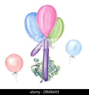 Watercolor holiday card with first anniversary for any holiday. Number 1, colored balloons, eucalyptus. Hand painted illustration isolated on white Stock Photo