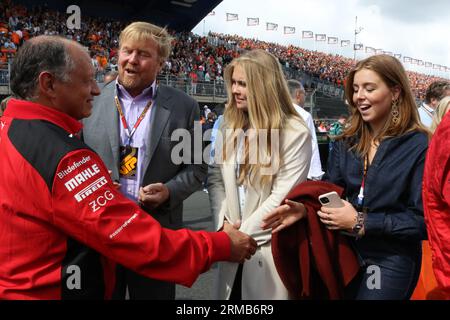 Zandvoort, Netherlands. 27th Aug, 2023. Zandvoort, Netherlands, 27. August 2023; Dutch FIA Formula 1 Grand Prix, the race, King Willem Alexander, Prince of Oranien-Nassau and Alexia of Oranien-Nassau, Princess Catharina-Amalia, daughters of the royal familiy during their starting grid walk meeting the Ferrari principal Frédéric Vasseur from France, Formel 1 in Holland, picture and copyright by Arthur THILL/ATP images (THILL Arthur/ATP/SPP) Credit: SPP Sport Press Photo. /Alamy Live News Stock Photo