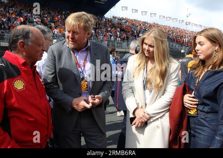 Zandvoort, Netherlands. 27th Aug, 2023. Zandvoort, Netherlands, 27. August 2023; Dutch FIA Formula 1 Grand Prix, the race, King Willem Alexander, Prince of Oranien-Nassau and Alexia of Oranien-Nassau, Princess Catharina-Amalia, daughters of the royal familiy during their starting grid walk meeting the Ferrari principal Frédéric Vasseur from France, Formel 1 in Holland, picture and copyright by Arthur THILL/ATP images (THILL Arthur/ATP/SPP) Credit: SPP Sport Press Photo. /Alamy Live News Stock Photo