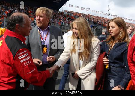 Zandvoort, Netherlands. 27th Aug, 2023. Zandvoort, Netherlands, 27. August 2023; Dutch FIA Formula 1 Grand Prix, the race, King Willem Alexander, Prince of Oranien-Nassau and Alexia of Oranien-Nassau, Princess Catharina-Amalia, daughters of the royal familiy during their starting grid walk meeting the Ferrari principal Frédéric Vasseur from France, Formel 1 in Holland, picture and copyright by Arthur THILL/ATP images (THILL Arthur/ATP/SPP) Credit: SPP Sport Press Photo. /Alamy Live News Stock Photo