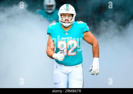 Miami Dolphins defensive tackle Zach Sieler (92) walks on the sidelines  during an NFL football game against the Baltimore Ravens, Thursday Nov. 11,  2021, in Miami Gardens, Fla. (AP Photo/Doug Murray Stock