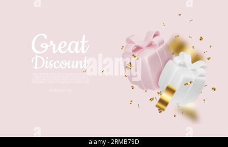 3D Sale design with gift boxes shiny confetti. Stock Vector