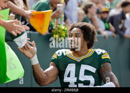 Green Bay Packers linebacker Eric Wilson (45) walks off the field after an  NFL football game against the Buffalo Bills, Sunday, Oct. 30, 2022, in  Orchard Park, N.Y. (AP Photo/Bryan Bennett Stock