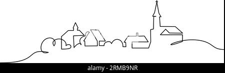 Village with church. Continuous one line art drawing style. Landscape of small country. Black linear sketch isolated on white background. Vector illus Stock Vector